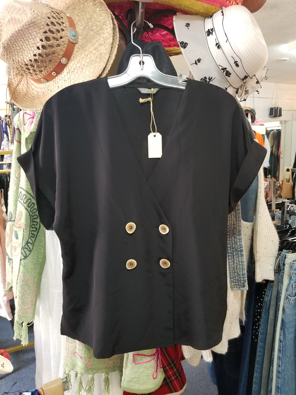 Papaya Black Double-Breasted V-Neck Top with Neutral Buttons